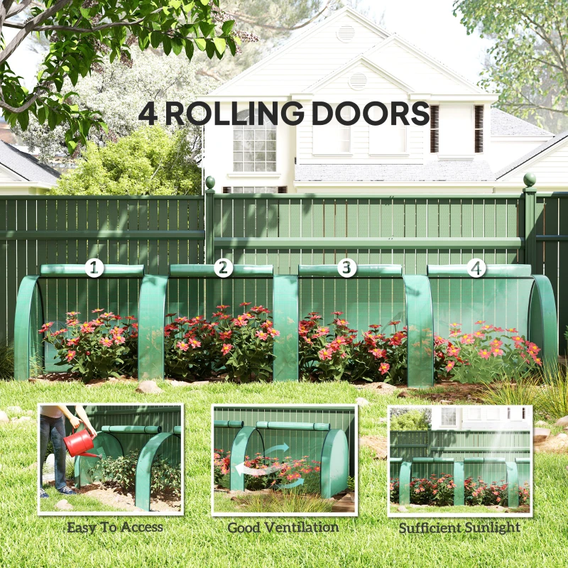 Outsunny 13' L x 3' W x 2.5' H Portable Tunneled Greenhouse with 4 Zippered Doors, Water/UV Fighting PE Cover, Green