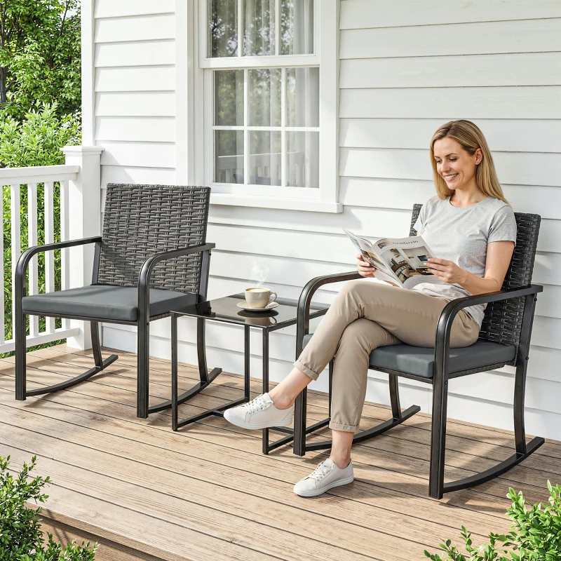 Outsunny 3 Pieces Rocking Bistro Set Outdoor Patio Furniture Set with Cushions, Glass Coffee Table for Balcony, Grey