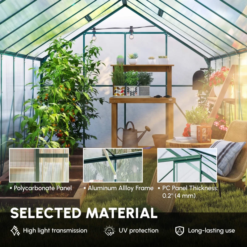 Outsunny 16' x 8' Aluminum Polycarbonate Greenhouse Walk-in Garden Greenhouse Kit with Adjustable Roof Vent, Rain Gutter and Sliding Door for Winter, Green