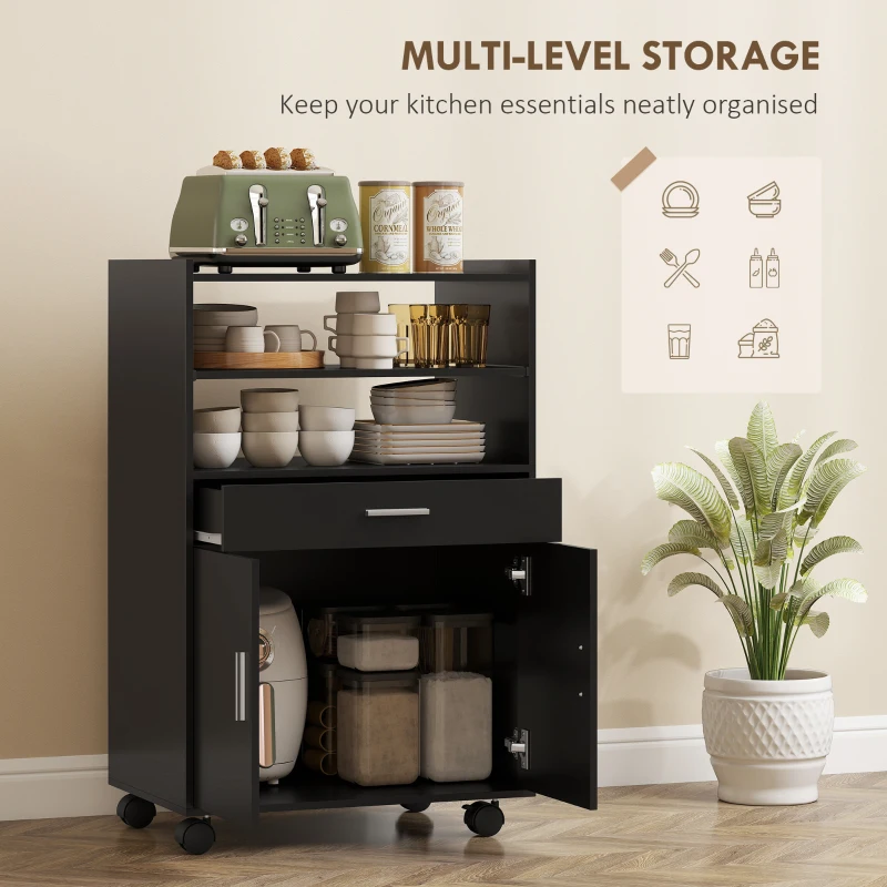 HOMCOM Microwave Cart with Wheels, Microwave Stand with Worktop, Open Shelves and Drawer, Storage Cabinet, Black