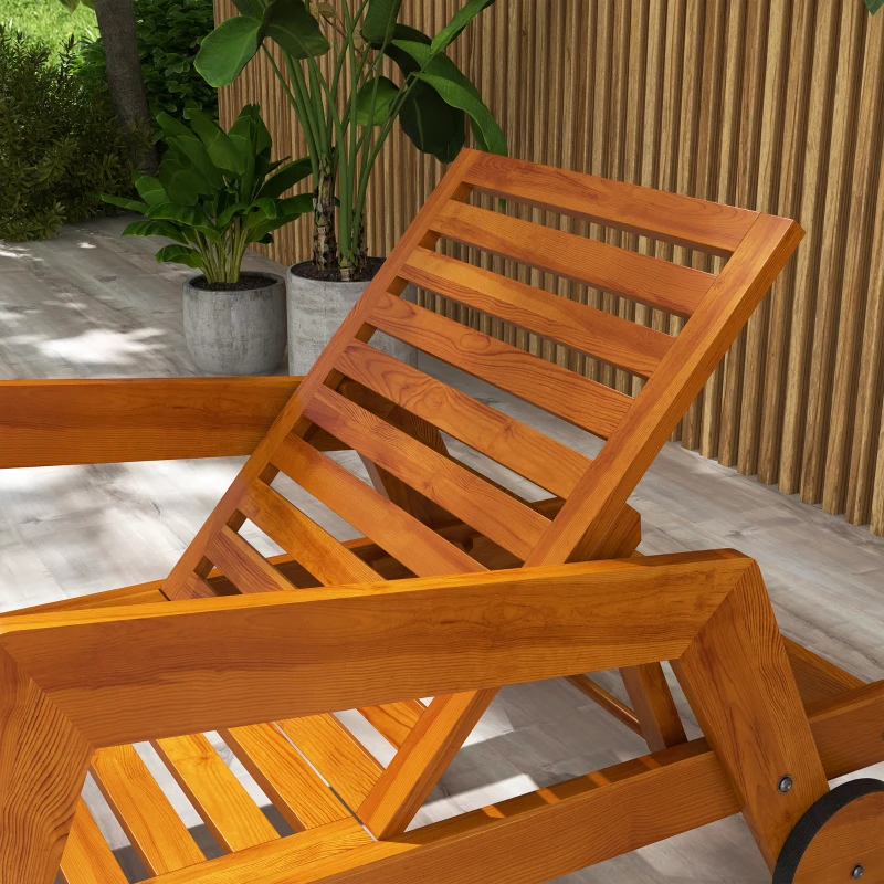 Outsunny Wood Lounge Chair Outdoor Tanning Chair with Wheels, 3-Position Adjustable Backrest and Armrests, Orange