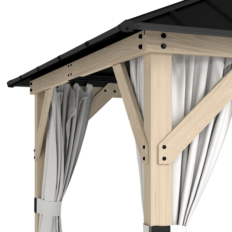 Outsunny 10 x 10 Hardtop Gazebo with Curtains, Wood Patio Gazebo with Double Steel Roof, Hook, Light Grey