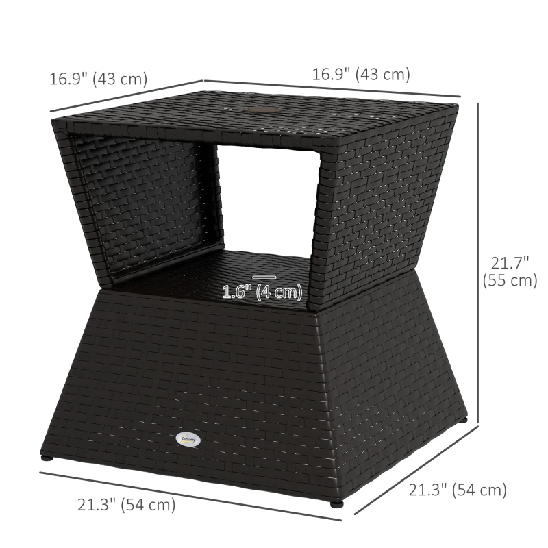 Outsunny Outdoor Patio Rattan Wicker Coffee Table Garden End Tea Table Bistro Side Table w/ Umbrella Hole, Dark Coffee