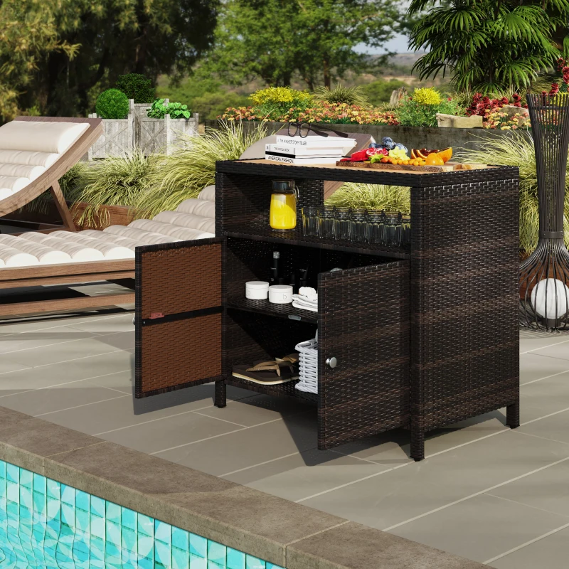 Outsunny Outdoor Storage Cabinet with Acacia Wood Top, Two Doors, Shelf, Wicker Bar Table for Pool Towel Storage, Brown