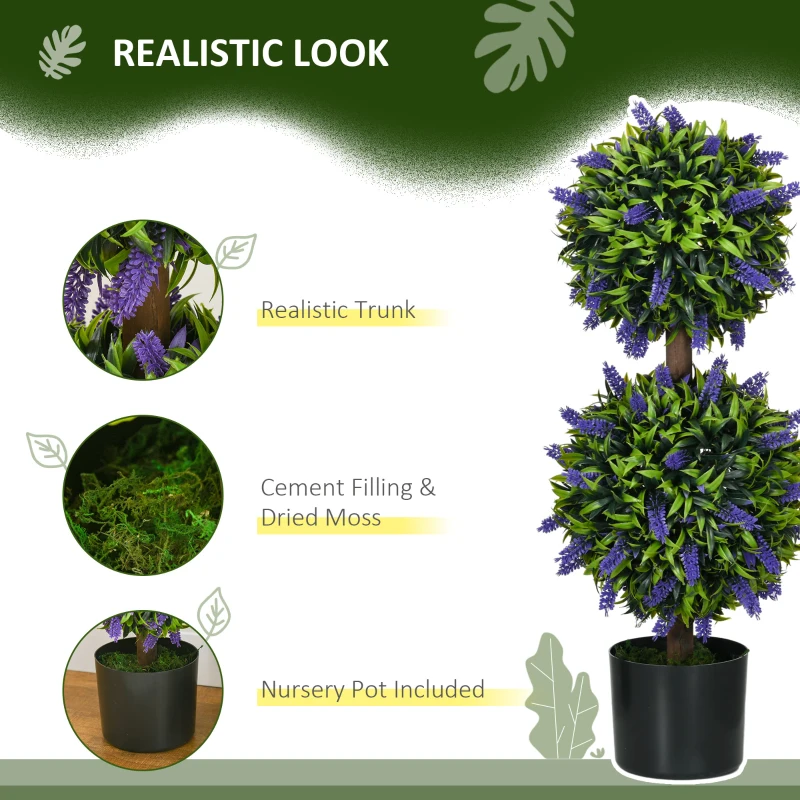 HOMCOM 2.3ft Set of 2 Artificial Plants, Lavender Flowers Ball Trees with Pot, for Home Indoor Outdoor Decor