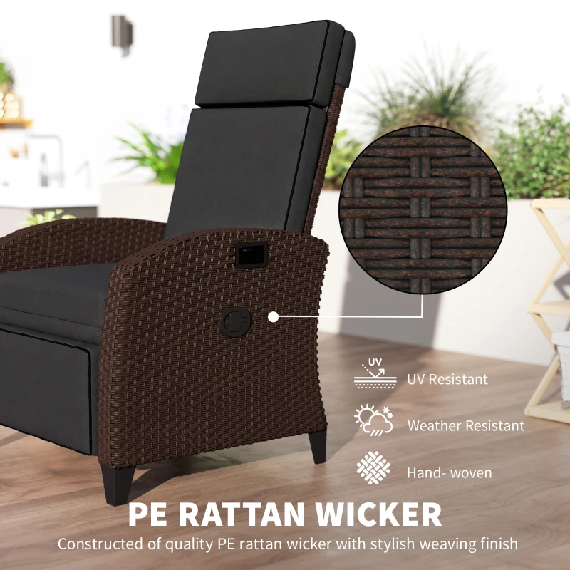 Outsunny Outdoor Recliner Chair with Adjustable Backrest, Cushion, Side Tray, Black
