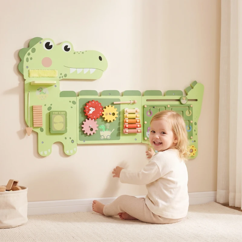 Qaba Busy Board Panels Wall-Mounted Montessori Sensory Toys Sensory Wall MDF 87 x 52 x 5.5 cm Dinosaur, Green