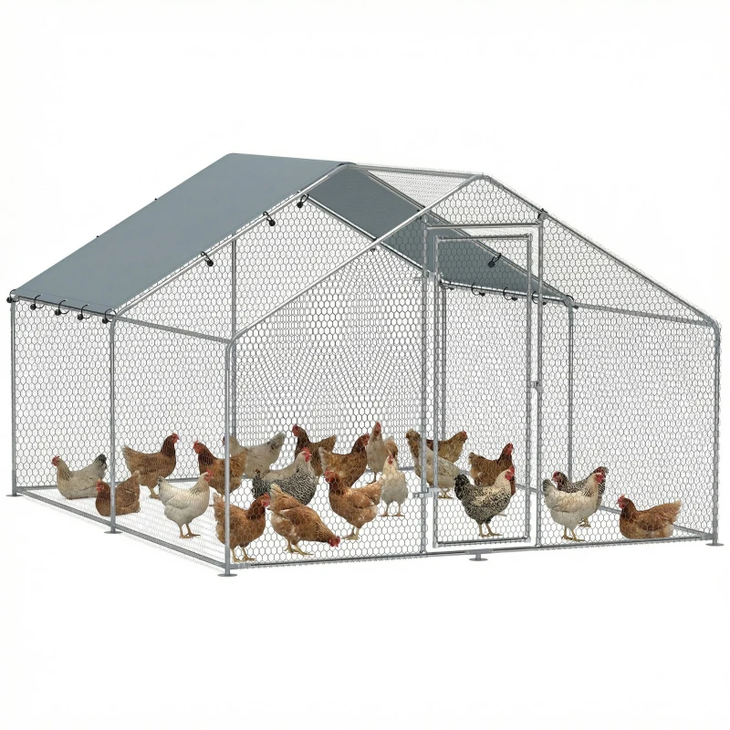PawHut Metal Chicken Coop, 9.8 x 11.2 FT Walk-in Chicken Run with Cover, Lockable Door, Outdoor Poultry Cage for 10-15 Chickens