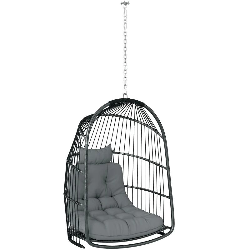 Outsunny Hanging Egg Chair, Foldable Rattan Garden Swing Chair with Installation Kit, Thickened Cushion and Headrest, Dark Grey