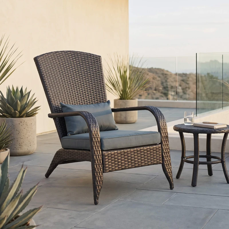 Outsunny Patio Wicker Adirondack Chair, PE Rattan Outdoor Muskoka Chair, Fire Pit Chair with Cushions for Patio, Garden, Backyard, Poolside, Balcony, Deck, Light Grey