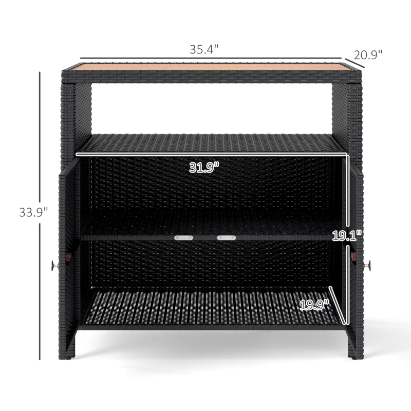 Outsunny Outdoor Storage Cabinet with Acacia Wood Top, Two Doors, Shelf, Wicker Bar Table for Pool Towel Storage, Black