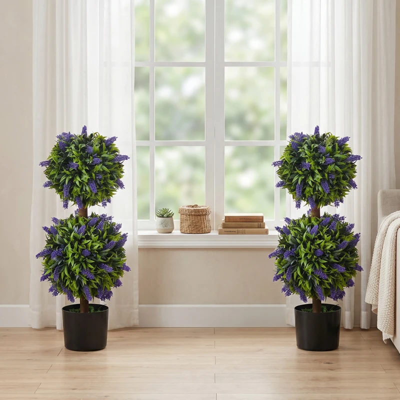 HOMCOM 2.3ft Set of 2 Artificial Plants, Lavender Flowers Ball Trees with Pot, for Home Indoor Outdoor Decor