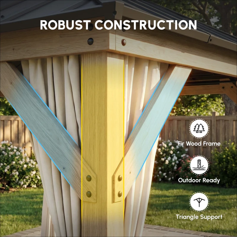 Outsunny 10 x 10 Hardtop Gazebo with Curtains, Wood Patio Gazebo with Double Steel Roof, Hook, Light Grey