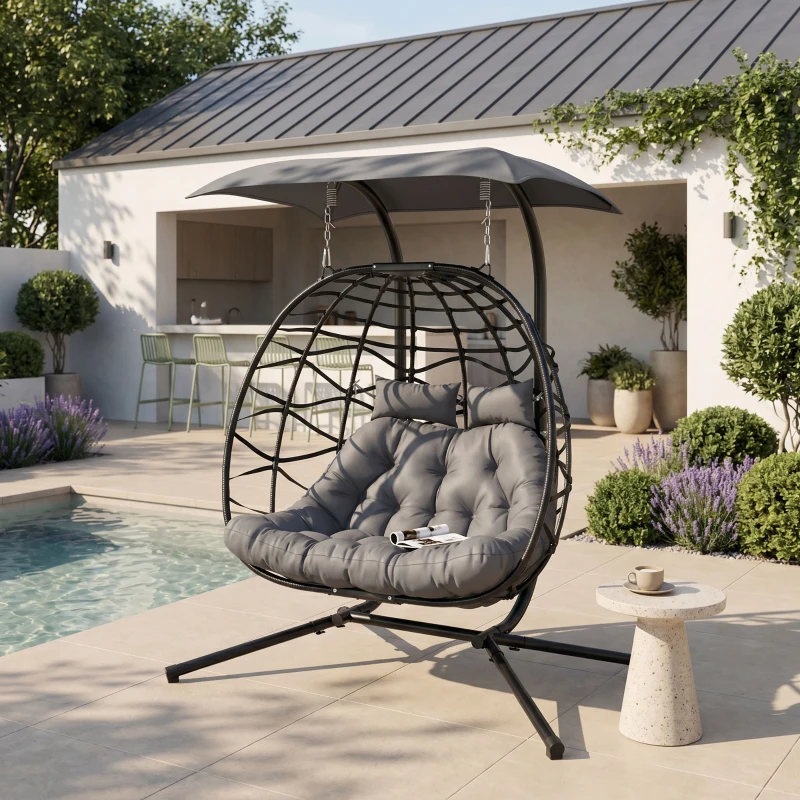 Outsunny Double Wicker Egg Swing Chair with Canopy, Foldable Hanging Egg Chair with Stand Cushion Headrest, Black