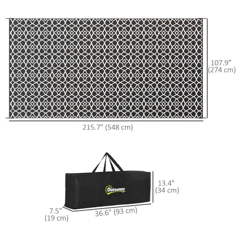 Outsunny Reversible Outdoor Rug, Waterproof Plastic Straw RV Rug with Carry Bag, 9' x 18', Black and White Clover