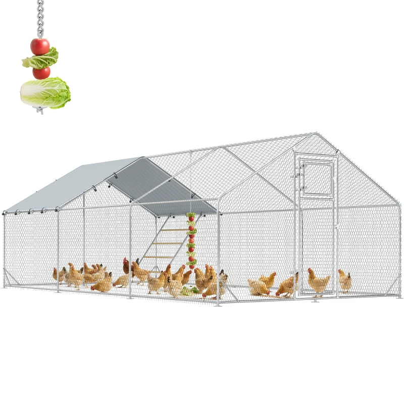 PawHut Large Metal Chicken Run with Waterproof & UV-Resistant Cover, Feeding Door, Hanging Feeder, Perch for 18-24 Chickens