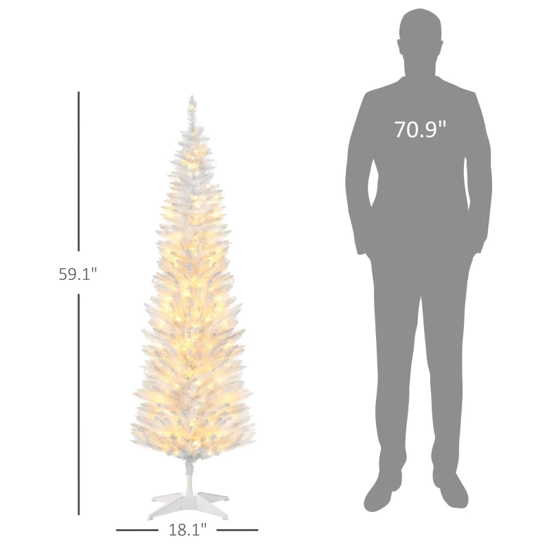 HOMCOM 5ft Pencil Christmas Tree, Slim Artificial Christmas Tree with Realistic Branches and Warm White LED Lights, White