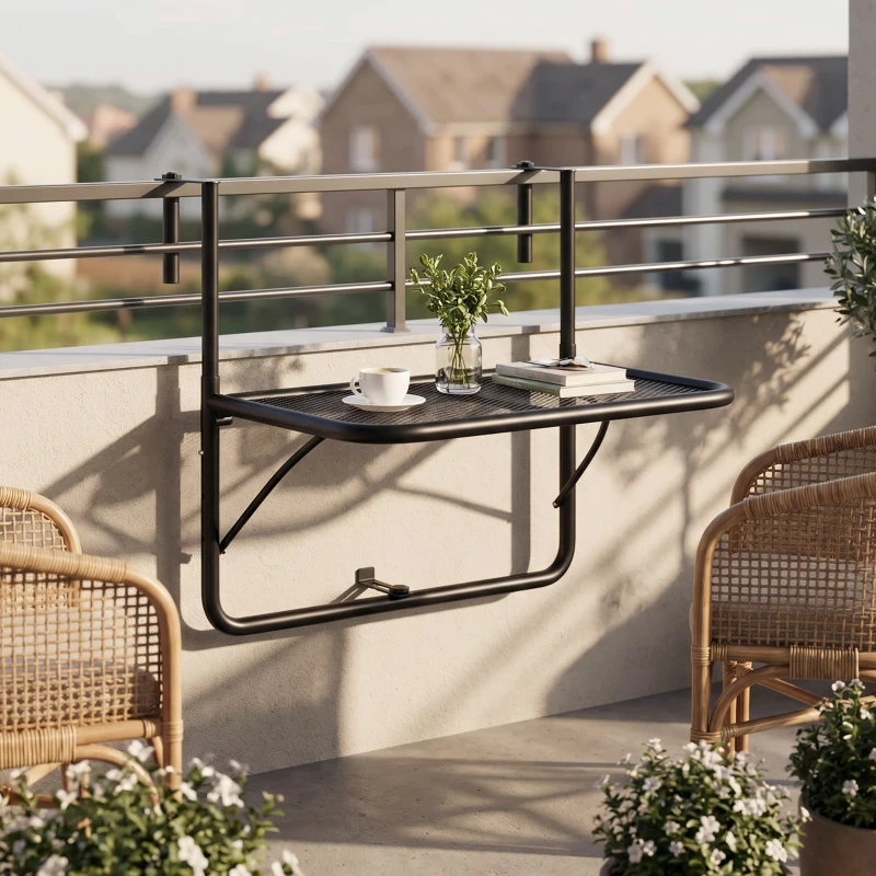 Outsunny Adjustable Balcony Hanging Railing Table, Metal Mounting Mini Wall Desk Storage Rack, Outdoor Flower Stand Serving Table Rectangle, Black