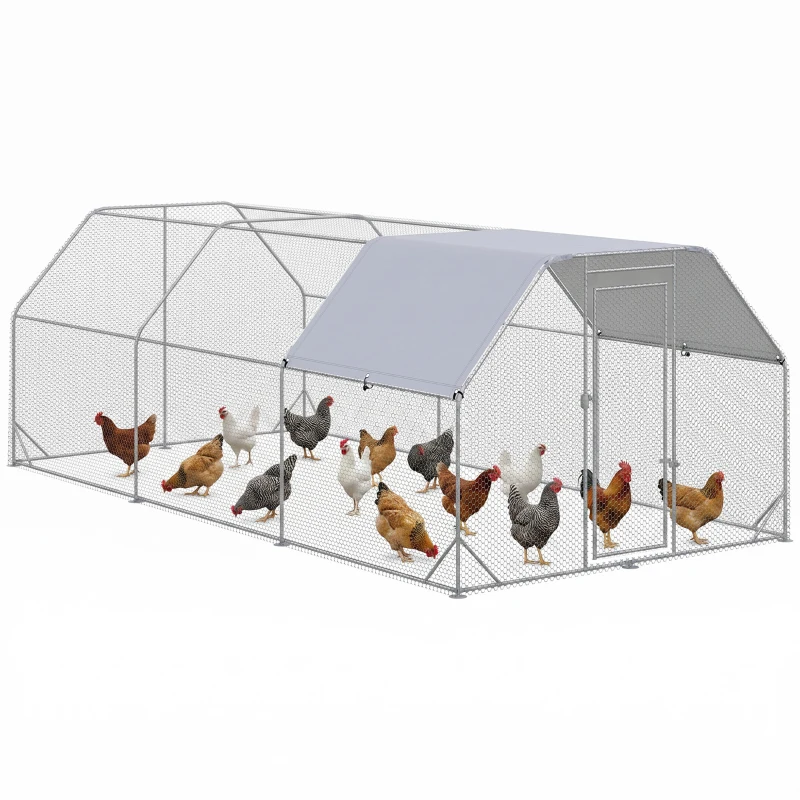 PawHut Chicken Run Outdoor, Galvanized Large Metal Chicken Coop Cage, Walk-in Enclosure Poultry Hen Run House Playpen Rabbit Hutch with Flat Roof, Cover, 9.2'x18.7'x6.5', Silver