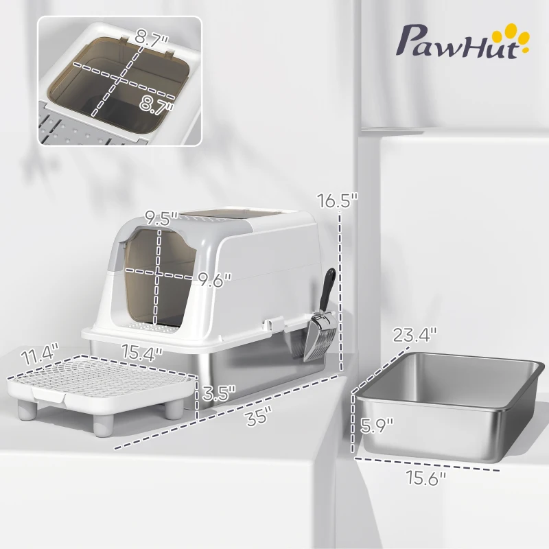 PawHut Extra Large Stainless Steel Litter Box, Enclosed Cat Litter Box with Scoop, Deodorizer Bag, Sand Drop Pedal