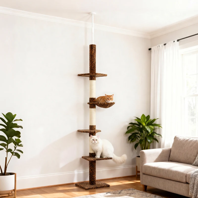 PawHut 8.5ft Cat Climbing Tree 5-Tier Kitty Activity Center with Scratching Post, Leopard Print