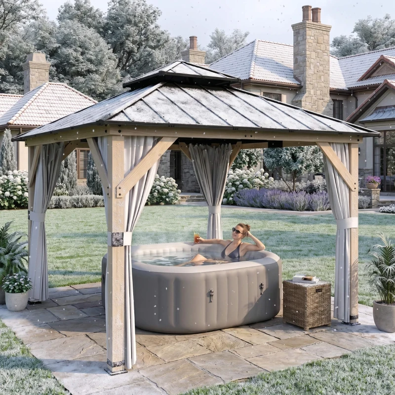 Outsunny 10 x 10 Hardtop Gazebo with Curtains, Wood Patio Gazebo with Double Steel Roof, Hook, Light Grey