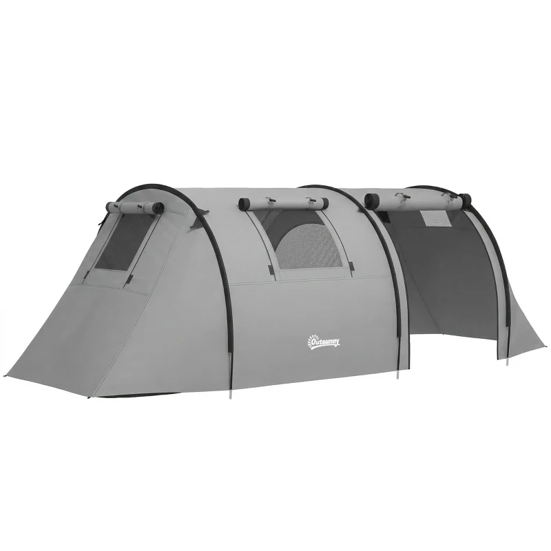 Outsunny 3-4 Person Camping Tent with 2 Rooms, 3000mm Waterproof Portable Family Tent with Carry Bag, Grey