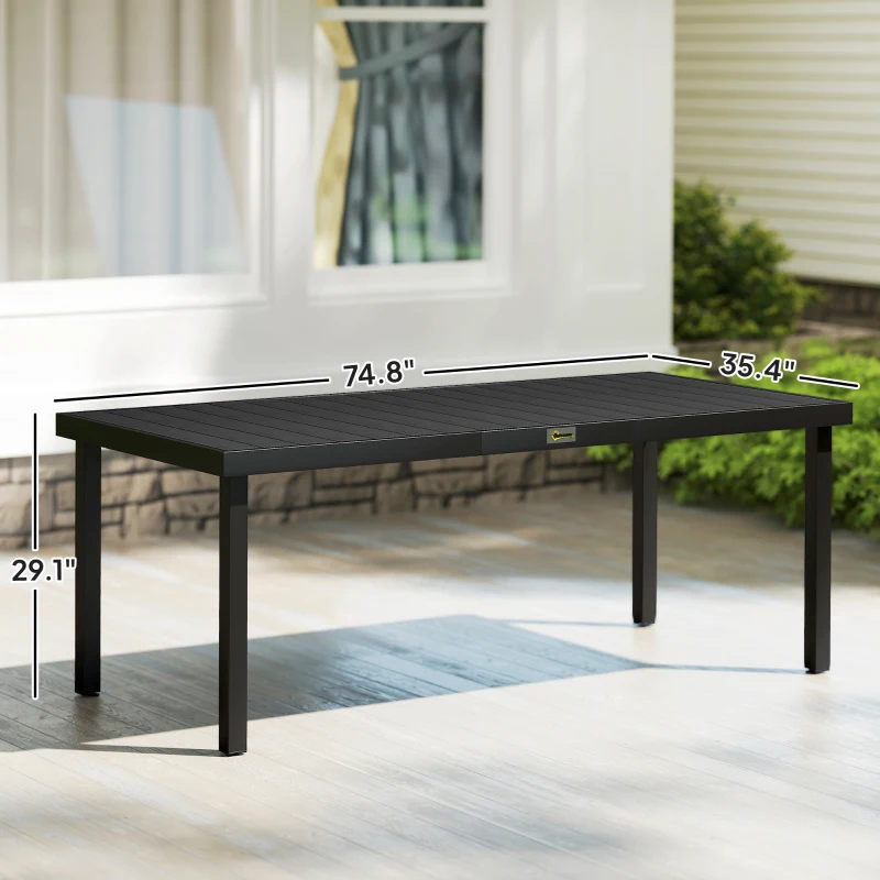 Outsunny 75" x 35" Outdoor Dining Table for 8 People, Rectangular Aluminum Frame Garden Table with All-Weather Faux Wood Top for Lawn, Patio, Black