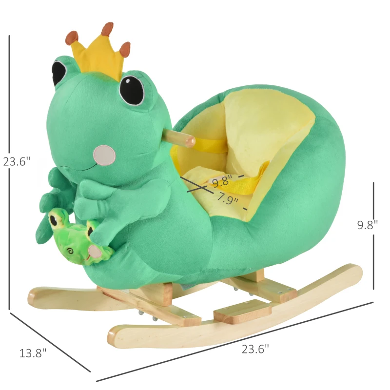 Qaba Kids Ride-On Rocking Horse Toy Frog Style Rocker with Fun Music, Seat Belt & Soft Plush Fabric Hand Puppet for Children 18-36 Months