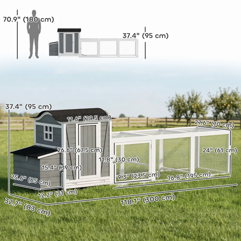 PawHut 118"L Chicken Coop, Large Wooden Hen House with Run, Pull-Out Tray, Waterproof Roof, Nesting Box, Swing, Roosting Bars