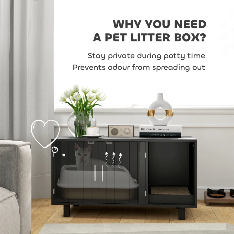 PawHut Cat Litter Box Enclosure, Cat House End Table with Scratcher, Black