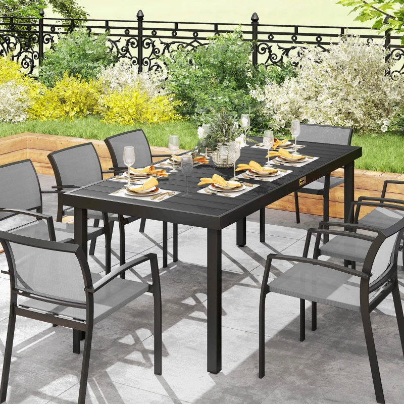 Outsunny 75" x 35" Outdoor Dining Table for 8 People, Rectangular Aluminum Frame Garden Table with All-Weather Faux Wood Top for Lawn, Patio, Black