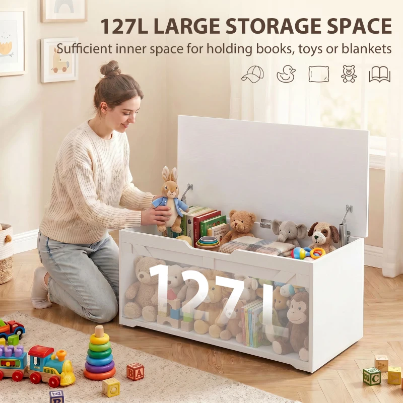 HOMCOM 39.4 Inches Storage Chest, Storage Trunk with 2 Safety Hinges for Living Room, White Wood Grain