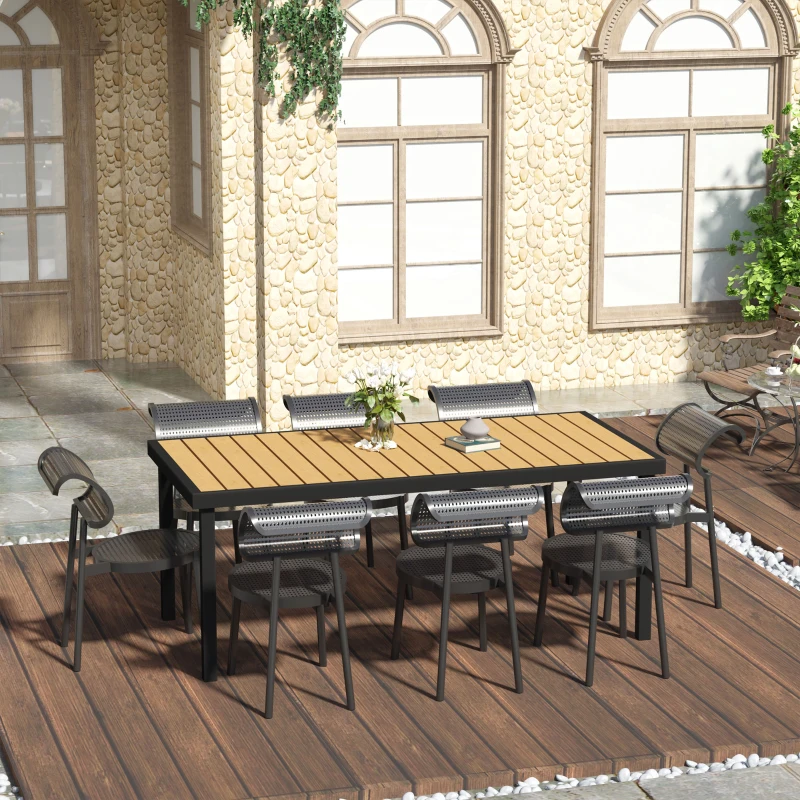 Outsunny 75" x 35" Outdoor Dining Table for 8 People, Rectangular Aluminum Frame Garden Table with All-Weather Faux Wood Top for Lawn, Patio, Natural