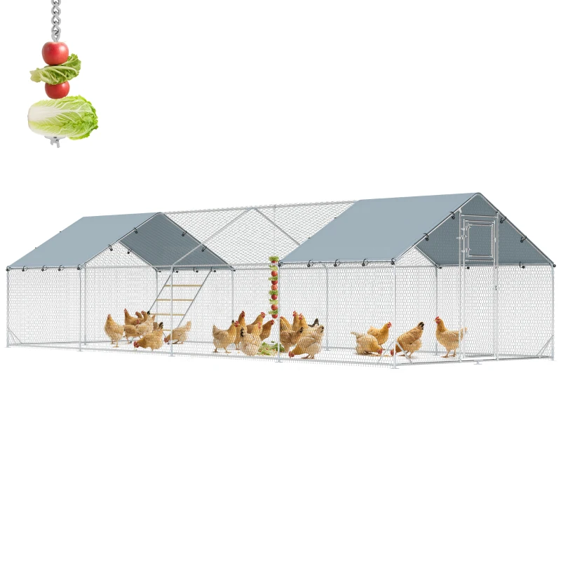 PawHut Large Metal Chicken Run with Waterproof & UV-Resistant Cover, Feeding Door, Hanging Feeder, Perch, for 24-30 Chickens