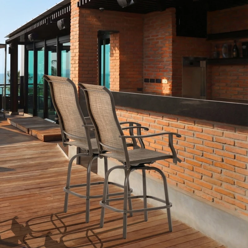 Outsunny Set of 2 Outdoor Swivel Bar Stools with Armrests, Bar Height Patio Chairs with Steel Frame for Balcony, Poolside, Backyard, Brown