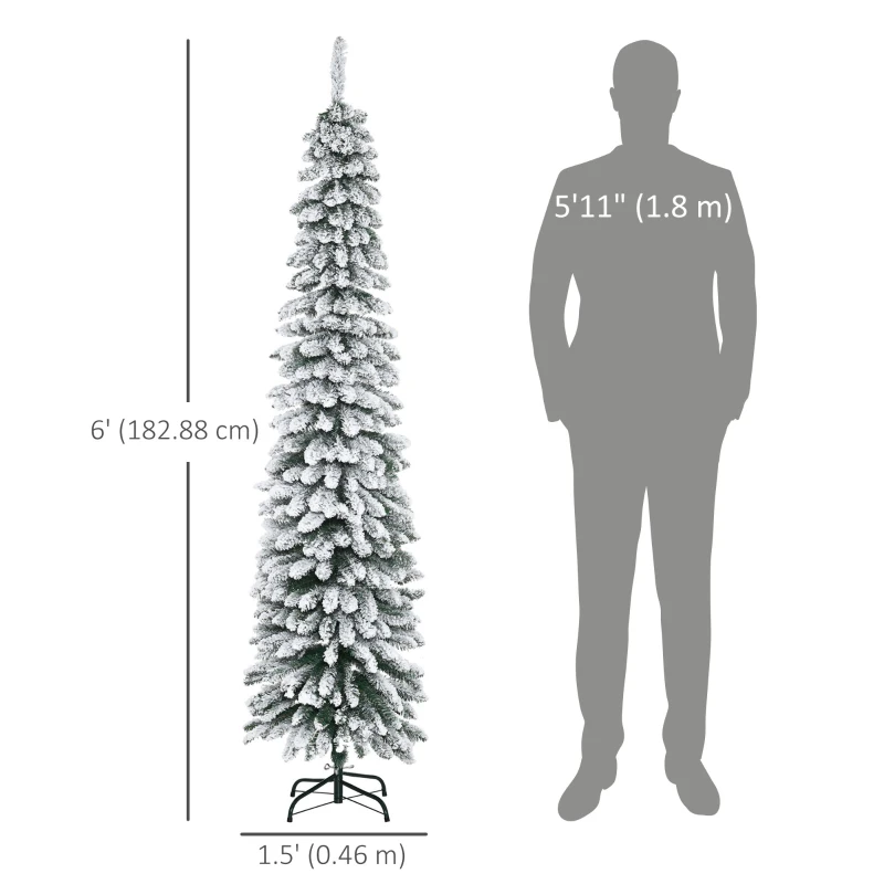 HOMCOM 6 Ft Snow-Flocked Artificial Christmas Tree, Slim Pencil Xmas Tree with Realistic Branches, Metal Base, Green