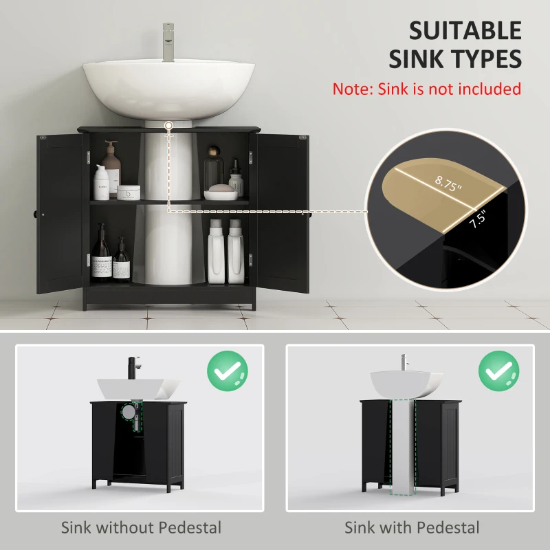 HOMCOM Under Sink Bathroom Cabinet, Pedestal Sink Storage Cabinet with 2 Doors, Shelf and U-Shape, Black