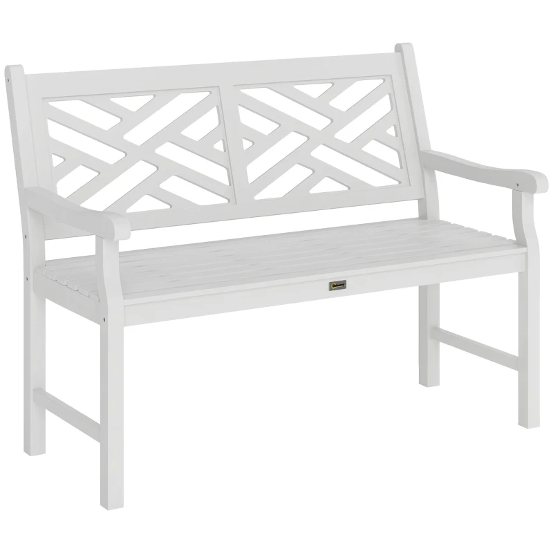 Outsunny Outdoor Garden Bench, Wooden Frame Patio Bench with Geometric Pattern, 43.25 Inch Weatherproof 2-Person Love Seat for Garden, Lawn, Porch, Yard, Work Entryway, White
