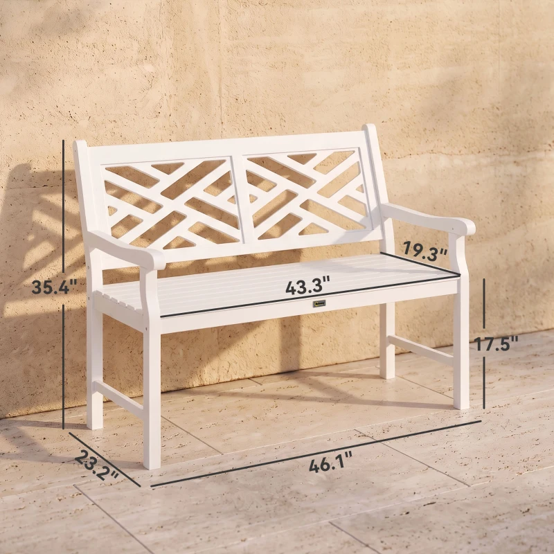 Outsunny Outdoor Garden Bench, Wooden Frame Patio Bench with Geometric Pattern, 43.25 Inch Weatherproof 2-Person Love Seat for Garden, Lawn, Porch, Yard, Work Entryway, White