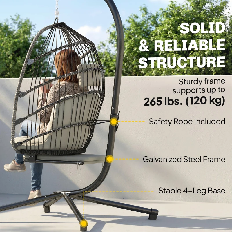 Outsunny Outdoor Hanging Egg Chair with Retractable Footrest Swing Chair with Metal Stand Light Grey