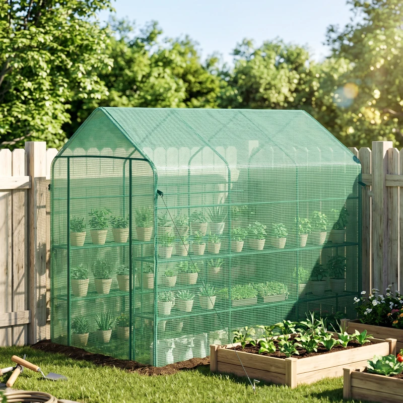 Outsunny 7' x 5' x 6' Walk-in Greenhouse for Outdoors with Mesh Door, 18 Shelf Hot House with Trellis, Plant Labels, UV Protective, Steel Frame for Growing Flowers, Herbs, Vegetables, Saplings, Green