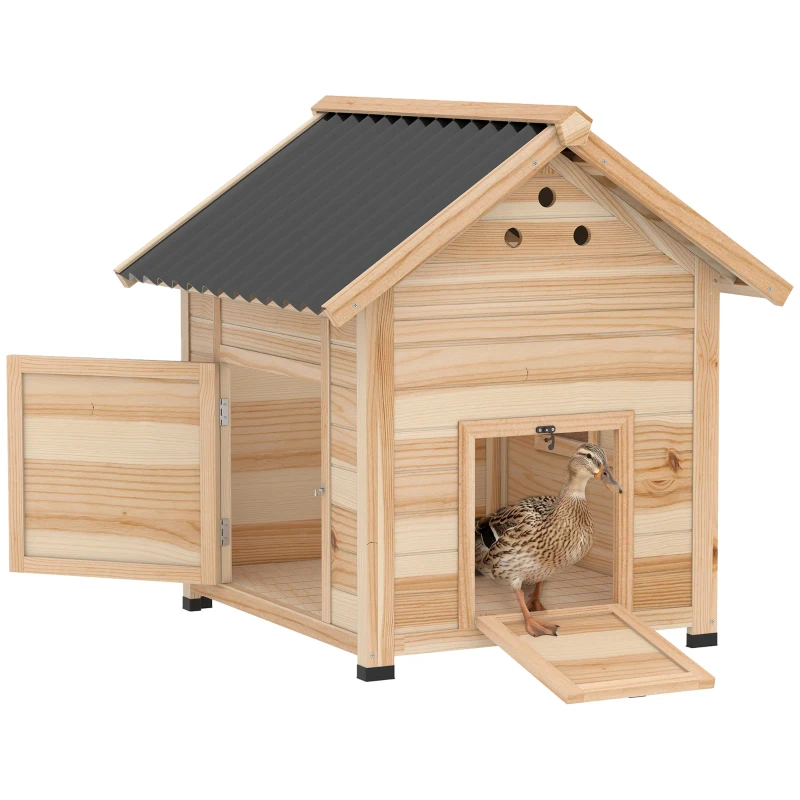 PawHut Duck Coop, Wooden Duck House with Openable Roof & Double Doors, Natural Wood