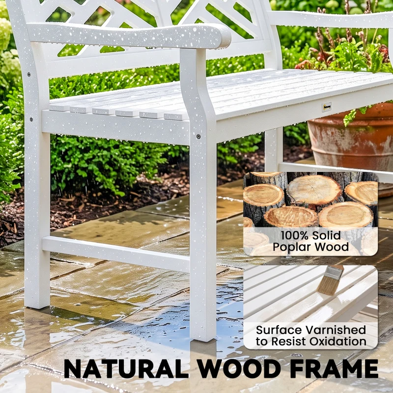 Outsunny Outdoor Garden Bench, Wooden Frame Patio Bench with Geometric Pattern, 43.25 Inch Weatherproof 2-Person Love Seat for Garden, Lawn, Porch, Yard, Work Entryway, White