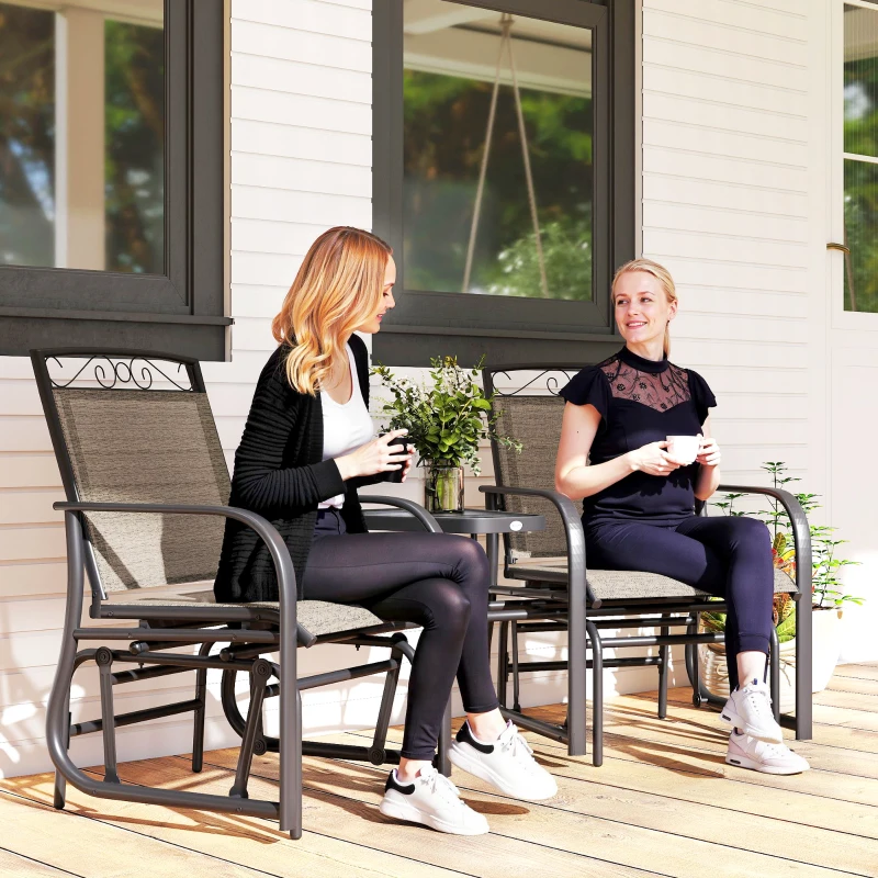 Outsunny Outdoor Glider Chairs with Coffee Table, Patio 2-Seat Rocking Chair Swing with Breathable Sling for Backyard, Garden and Porch, Brown