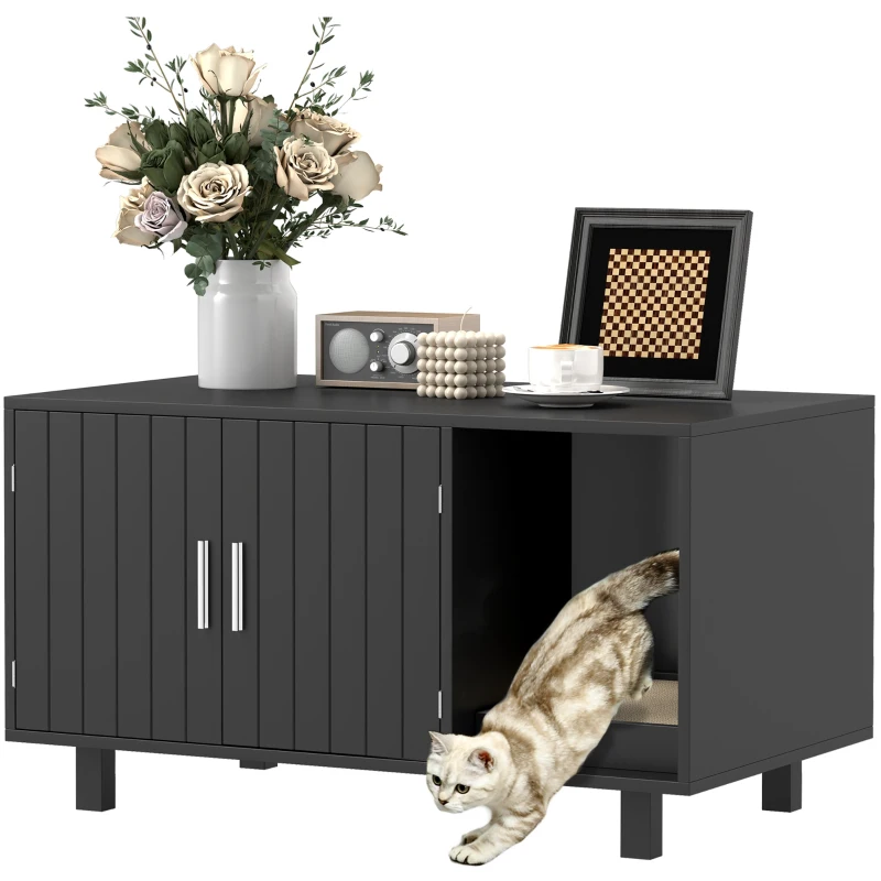PawHut Cat Litter Box Enclosure, Cat House End Table with Scratcher, Black