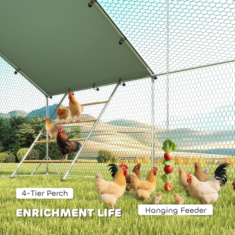 PawHut Large Metal Chicken Run with Waterproof & UV-Resistant Cover, Feeding Door, Hanging Feeder, Perch, for 24-30 Chickens