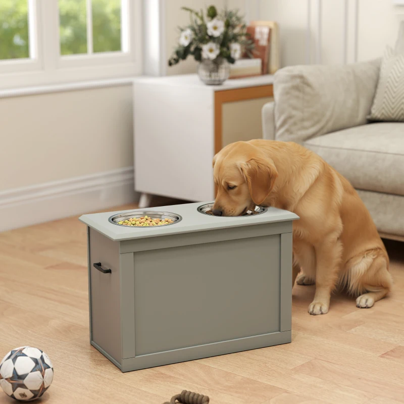 PawHut Raised Pet Feeding Storage Station with 2 Stainless Steel Bowls Base for Large Dogs and Other Large Pets, Gray