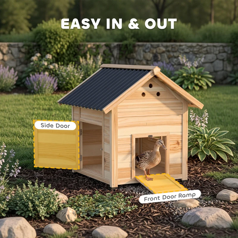PawHut Duck Coop, Wooden Duck House with Openable Roof & Double Doors, Natural Wood