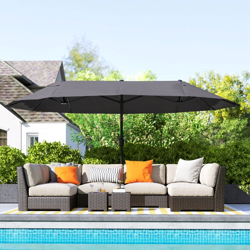 Outsunny Extra Large 15 ft Patio Umbrella, Double-Sided Wide Outdoor Umbrella with Crank Handle and Air Vents for Backyard, Deck, Pool, Market, Gray